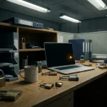 Bureau met verspreide open hangsloten van verschillende groottes, een gebroken slot, openstaande laptop en koffievlek onder koud tl-licht.
