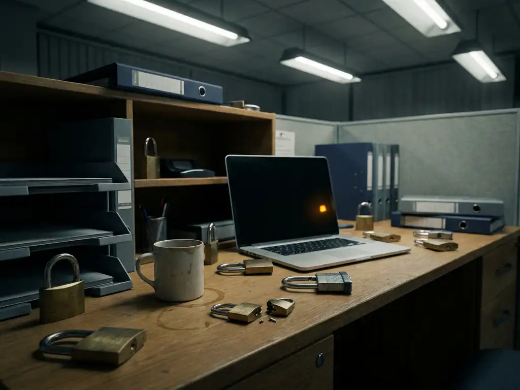 Bureau met verspreide open hangsloten van verschillende groottes, een gebroken slot, openstaande laptop en koffievlek onder koud tl-licht.
