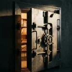 Zware stalen kluisdeur op een kier met warme gloed van geordende documenten erin, dramatische belichting op het slotmechanisme.