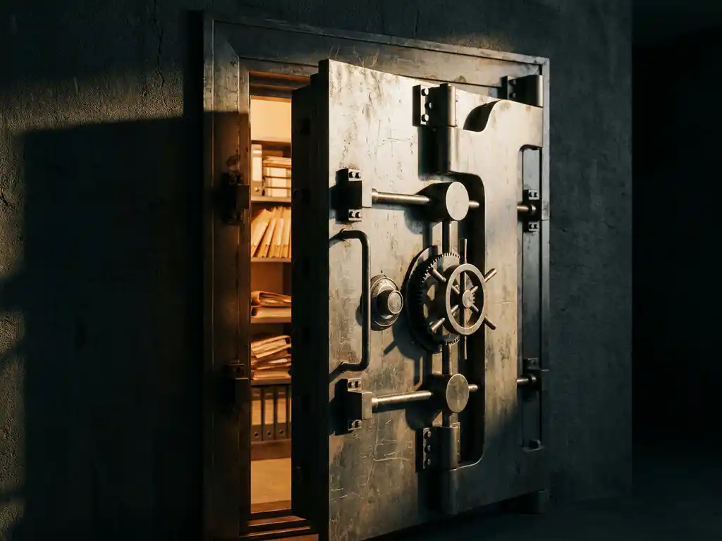 Zware stalen kluisdeur op een kier met warme gloed van geordende documenten erin, dramatische belichting op het slotmechanisme.