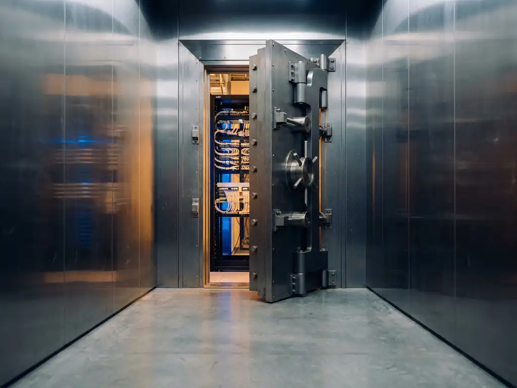 Zware stalen kluisdeur op een kier met zichtbare serverracks en kabelwanden in een modern datacenter, verlicht door warm barnsteenlicht.