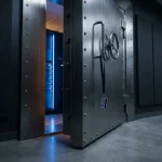 Zware stalen kluisdeur op een kier in een moderne serverruimte, met blauw omgevingslicht en een keycard aan de hendel.