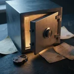 Stalen kluis op een lei bureau met deur op een kier, gloeiend amber interieur, verspreide documenten en gebroken hangslot.
