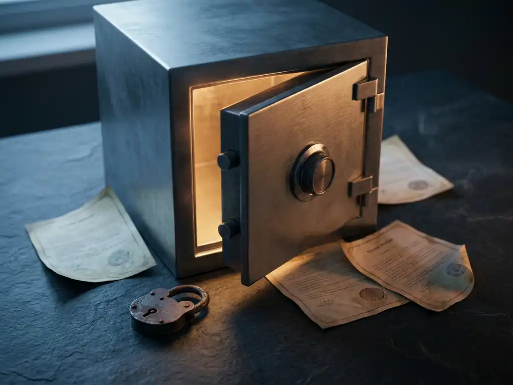 Stalen kluis op een lei bureau met deur op een kier, gloeiend amber interieur, verspreide documenten en gebroken hangslot.