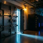 Zware stalen kluisdeur op een kier in een moderne serverruimte, blauw licht valt op betonnen vloer tussen rijen gloeiende servers.