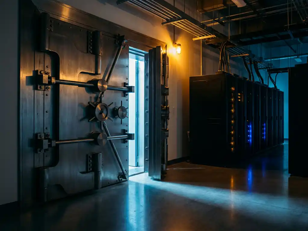 Zware stalen kluisdeur op een kier in een moderne serverruimte, blauw licht valt op betonnen vloer tussen rijen gloeiende servers.