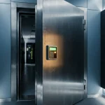 Zware stalen kluisdeur op een kier met verlicht groen elektronisch toegangspaneel in moderne serverruimte gang.