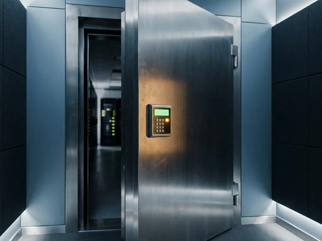 Zware stalen kluisdeur op een kier met verlicht groen elektronisch toegangspaneel in moderne serverruimte gang.