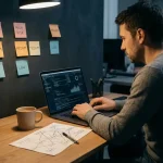 Beveiligingsanalist bestudeert kwetsbaarheidsrapport op laptop, omringd door plaknotities en netwerkdiagram op modern bureau.