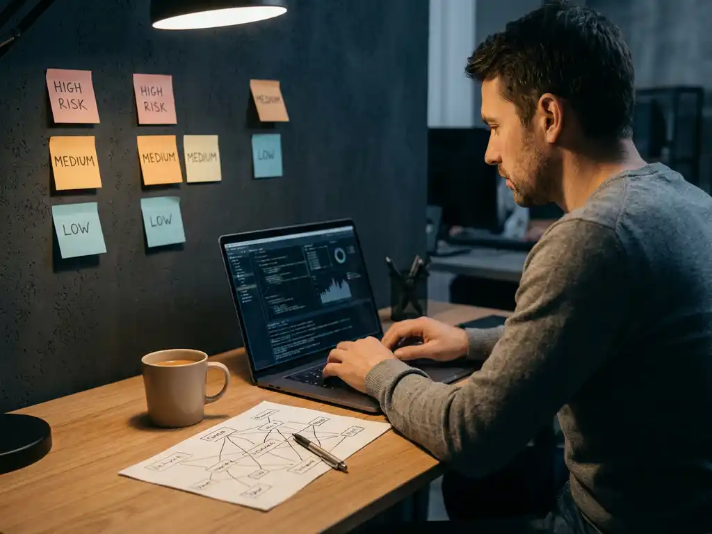Beveiligingsanalist bestudeert kwetsbaarheidsrapport op laptop, omringd door plaknotities en netwerkdiagram op modern bureau.