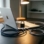 Laptop op minimalistisch bureau met fysiek hangslot op het toetsenbord, symboliseert digitale beveiliging en netwerkbeveiliging.