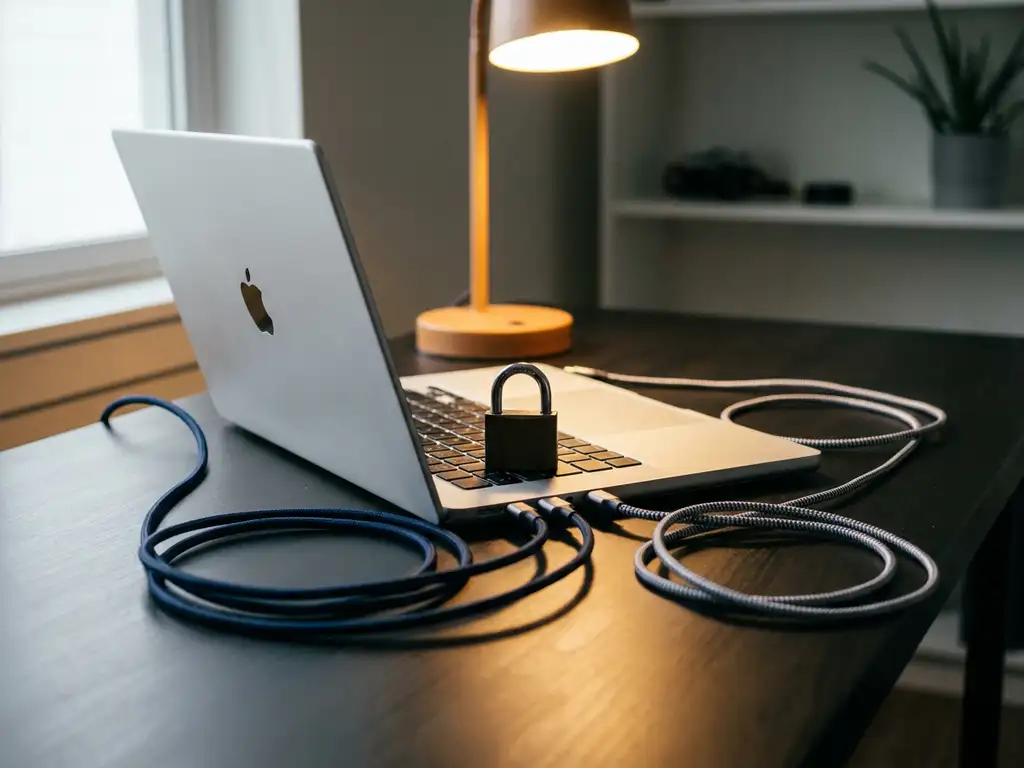 Laptop op minimalistisch bureau met fysiek hangslot op het toetsenbord, symboliseert digitale beveiliging en netwerkbeveiliging.