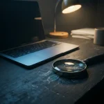 Laptop op donker bureau met blauw schermgloed en vergrootglas dat digitale parasieten onthult, dramatische zijverlichting.