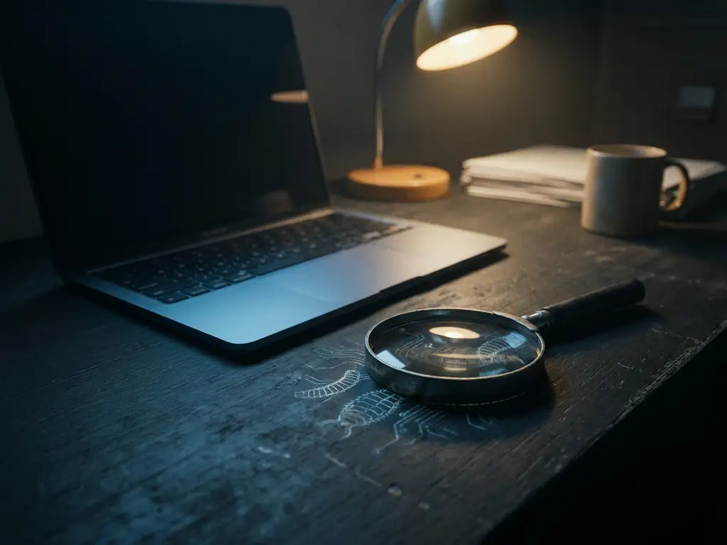Laptop op donker bureau met blauw schermgloed en vergrootglas dat digitale parasieten onthult, dramatische zijverlichting.