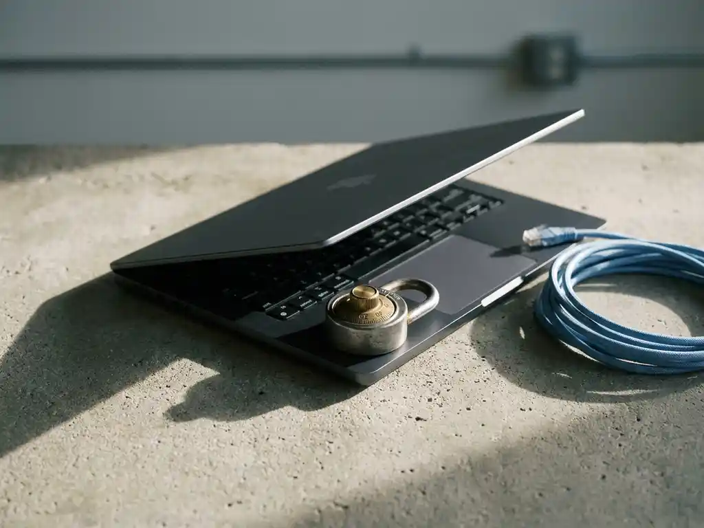 Halfopen laptop op betonnen bureau met combinatieslot op toetsenbord en gerolde netwerkkabel, dramatische zijverlichting.