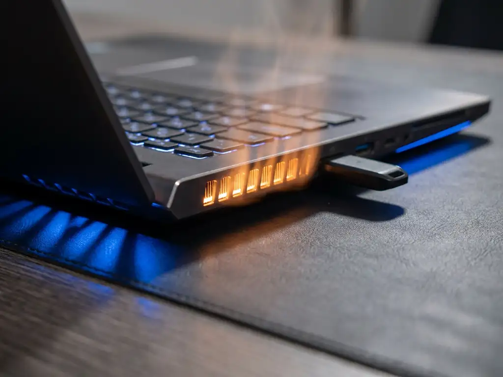 Oververhitte laptop op donker bureau met zichtbare warmtegloed en verborgen USB-apparaat onder toetsenbordrand.