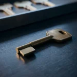 Gouden messing sleutel op donker stalen oppervlak, met identieke sleutels op de achtergrond in bokeh, dramatisch zijlicht.