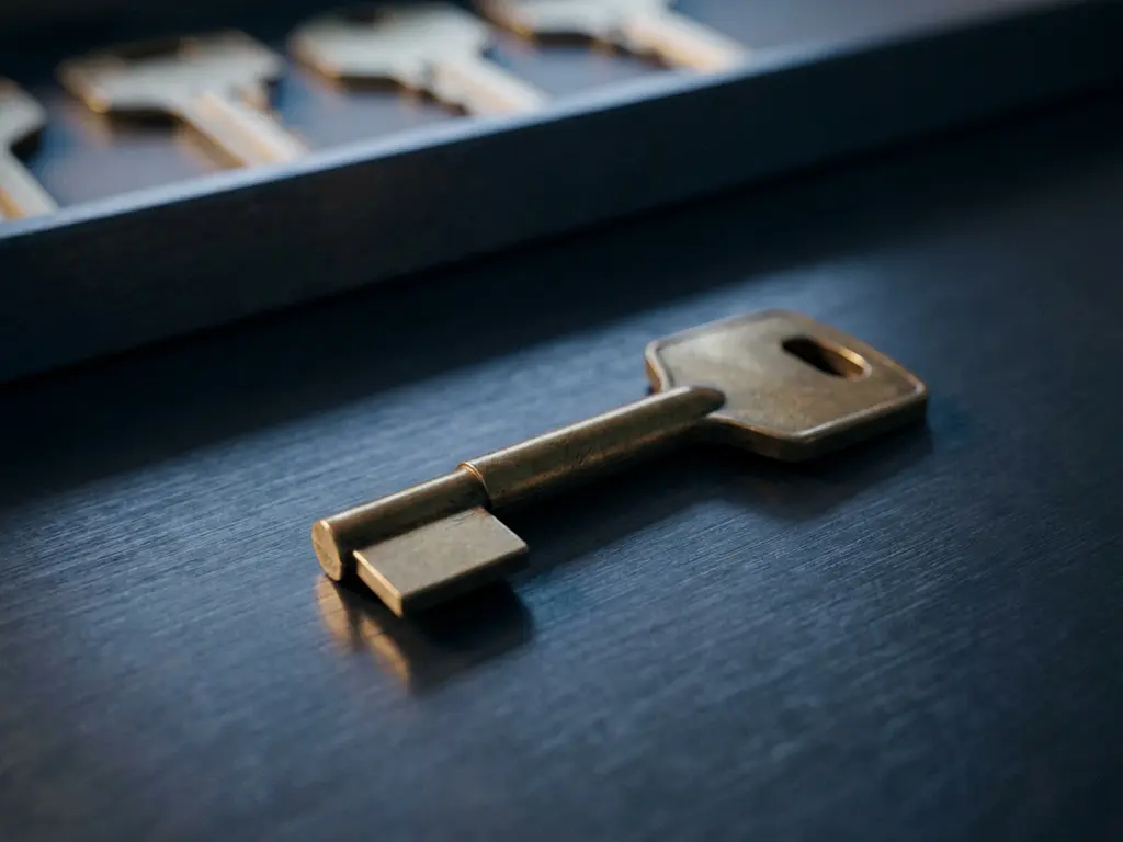 Gouden messing sleutel op donker stalen oppervlak, met identieke sleutels op de achtergrond in bokeh, dramatisch zijlicht.