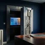 Stalen kluisdeur op een kier met Microsoft 365-interface weerspiegeld op donker bureau, sleutel naast laptop in modern kantoor.
