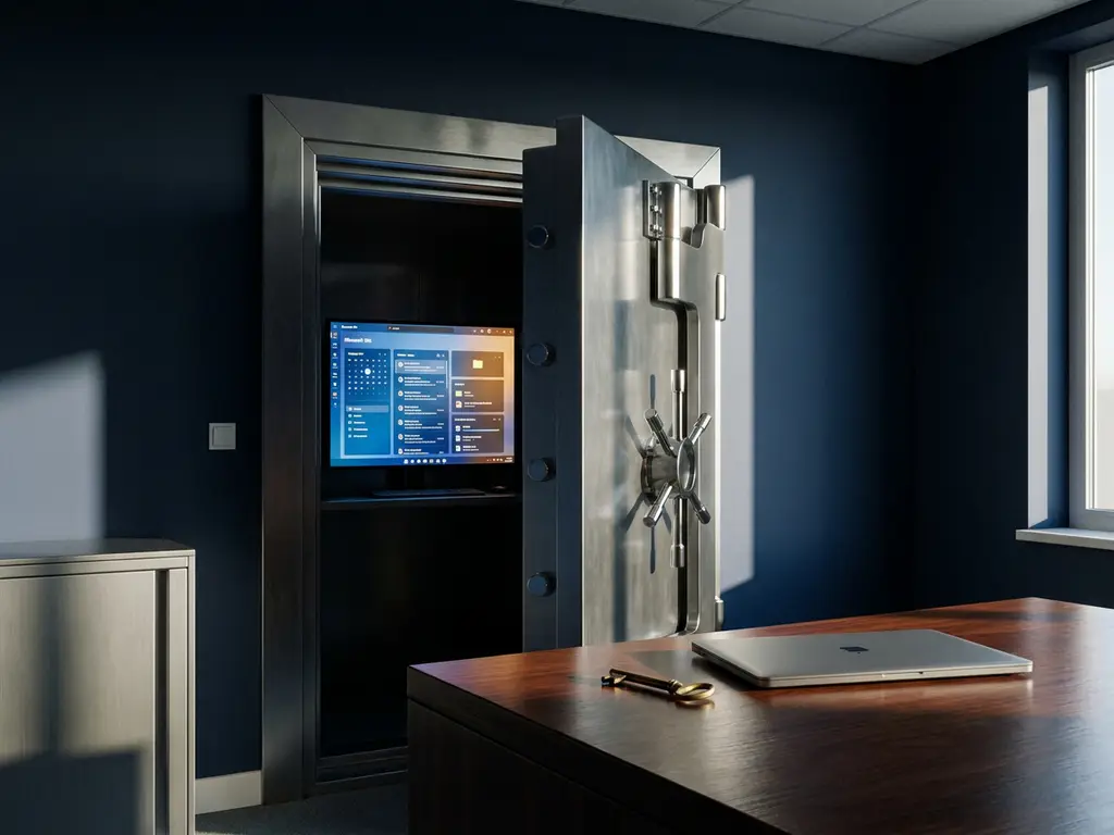 Stalen kluisdeur op een kier met Microsoft 365-interface weerspiegeld op donker bureau, sleutel naast laptop in modern kantoor.