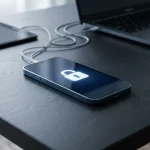 Vergrendelde zakelijke smartphone met digitaal hangslot op donker bureau, verbonden met laptop en tablet via kabelsporen.