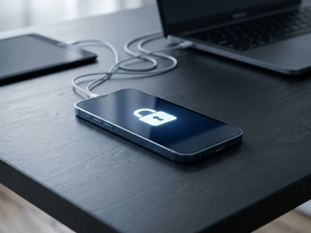 Vergrendelde zakelijke smartphone met digitaal hangslot op donker bureau, verbonden met laptop en tablet via kabelsporen.