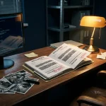 Analistenbureaus 's nachts met open inlichtingendossier, vergrootglas op surveillancefoto's en warm bureaulampgloed in donkerblauwe sfeer.