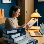 Ondernemer bestudeert compliance-checklist op klembord, omringd door beveiligingsmappen en laptop op modern bureau met amberkleurig bureaulampje.