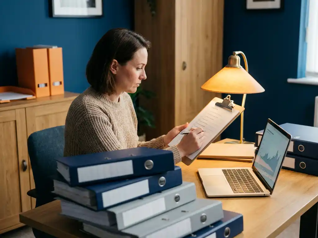 Ondernemer bestudeert compliance-checklist op klembord, omringd door beveiligingsmappen en laptop op modern bureau met amberkleurig bureaulampje.
