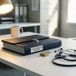 Donkerblauw compliance-document op wit bureau naast hangslot en stethoscoop, symbolen van zorggegevensbescherming.