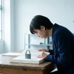 Ondernemer bestudeert AVG-nalevingsdocument aan minimalistisch bureau met stalen hangslot op de papieren, natuurlijk daglicht.