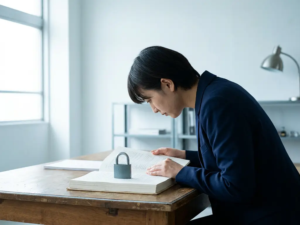 Ondernemer bestudeert AVG-nalevingsdocument aan minimalistisch bureau met stalen hangslot op de papieren, natuurlijk daglicht.