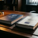 Twee officiële compliance-documenten op een donker bureau, verlicht door een bureaulamp in marineblauw en zilvertinten.