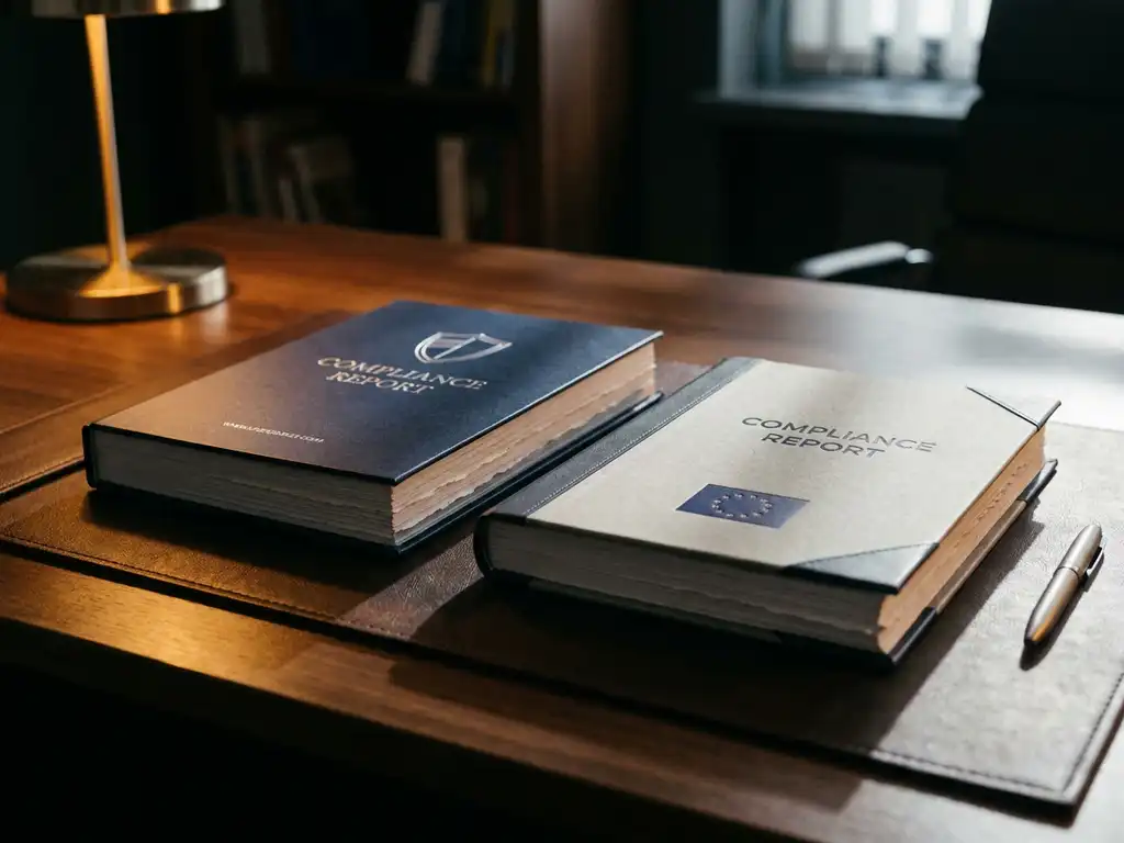 Twee officiële compliance-documenten op een donker bureau, verlicht door een bureaulamp in marineblauw en zilvertinten.