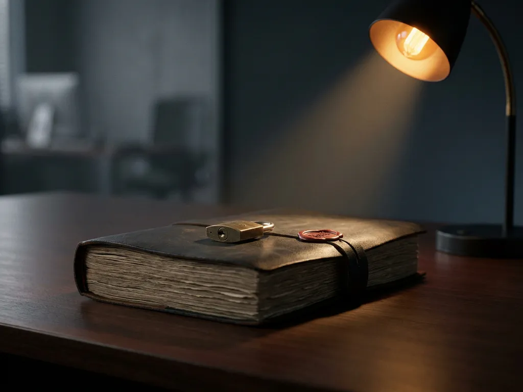 Officieel nalevingsdocument met rood zegel en hangslot op donker bureau, verlicht door gerichte bureaulamp.