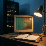 Serverruimte van een klein bedrijf met monitor vol netwerklogboeken, vergrootglas en notitieboek op bureau, sfeervol blauw en amber licht.