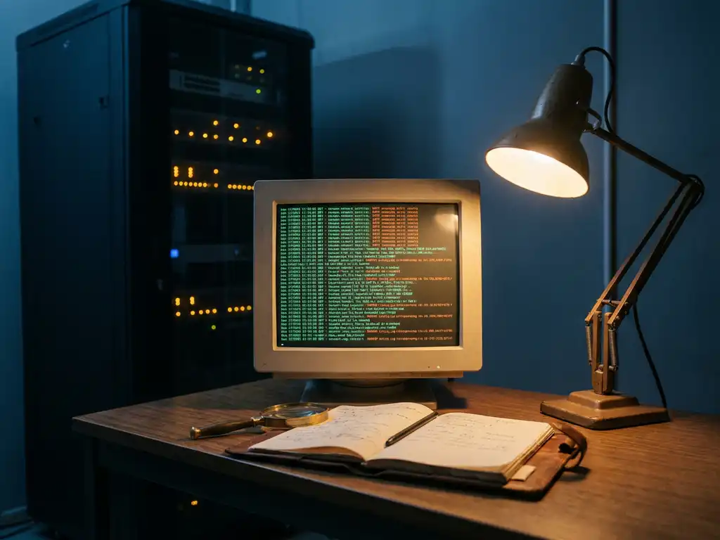 Serverruimte van een klein bedrijf met monitor vol netwerklogboeken, vergrootglas en notitieboek op bureau, sfeervol blauw en amber licht.