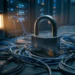 Stalen hangslot op verwarde ethernetkabels op betonnen ondergrond, met zachte serverruimteverlichting op de achtergrond.