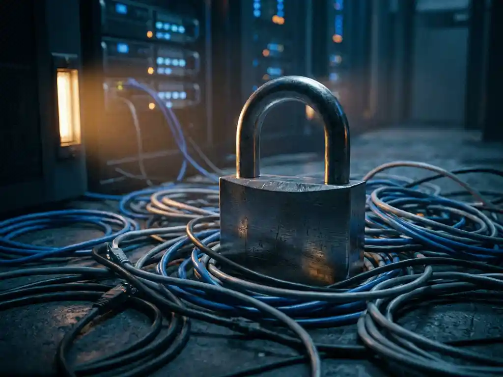Stalen hangslot op verwarde ethernetkabels op betonnen ondergrond, met zachte serverruimteverlichting op de achtergrond.
