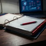 Open noodrespons-ringband op donker bureau met rode pen op checklistpagina en beveiligingsdashboard op laptop op achtergrond.