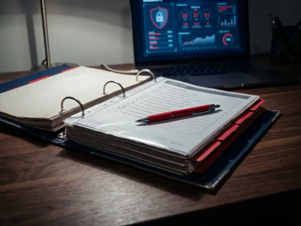Open noodrespons-ringband op donker bureau met rode pen op checklistpagina en beveiligingsdashboard op laptop op achtergrond.
