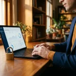 Ondernemer bekijkt beveiligingsdashboard op laptop aan houten bureau, met fysiek hangslot naast het toetsenbord, warm kantoorlicht.