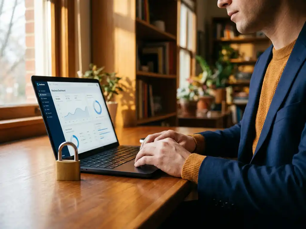 Ondernemer bekijkt beveiligingsdashboard op laptop aan houten bureau, met fysiek hangslot naast het toetsenbord, warm kantoorlicht.