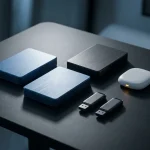 Drie harde schijven in driehoeksformatie op donker bureau, met twee USB-sticks en een cloudopslagapparaat, stalen blauwtinten met amber accent.