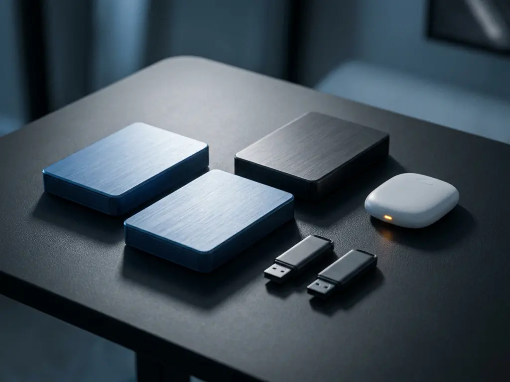 Drie harde schijven in driehoeksformatie op donker bureau, met twee USB-sticks en een cloudopslagapparaat, stalen blauwtinten met amber accent.