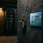 Verouderd hangslot in gebarsten stenen muur naast modern sensorpaneel in donkere serverruimte.