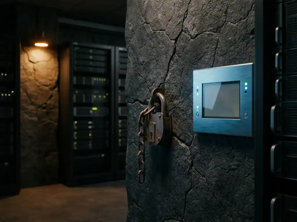 Verouderd hangslot in gebarsten stenen muur naast modern sensorpaneel in donkere serverruimte.