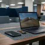 Smartphone en werklaptop naast elkaar op een zakelijk bureau met een klein slotje ertussen, BYOD-beveiliging op de werkplek.