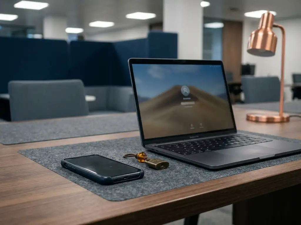 Smartphone en werklaptop naast elkaar op een zakelijk bureau met een klein slotje ertussen, BYOD-beveiliging op de werkplek.