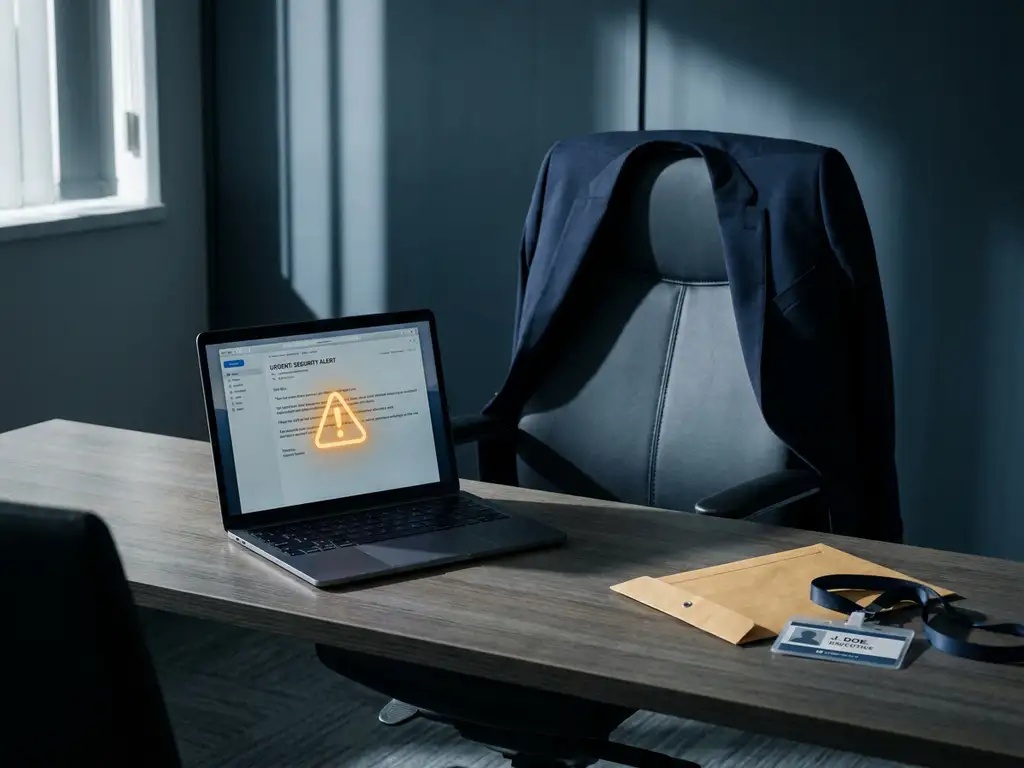 Laptop met verdachte e-mail op bureau naast bedrijfspas en envelop, met een pak over de stoel in een modern kantoor.